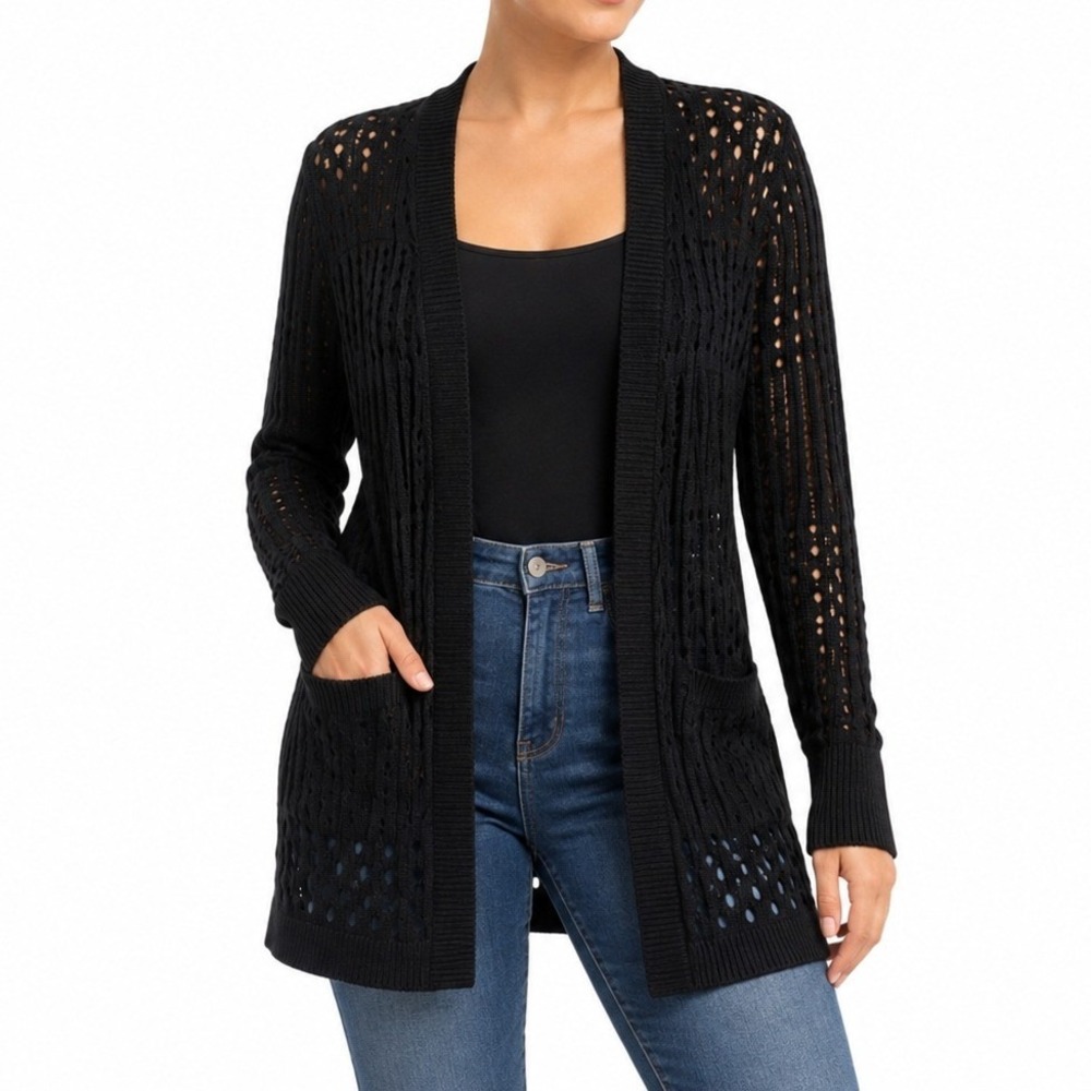Edgewater Lane Cardigan Women L Black Open Knit Pointelle DS1 Lightweight Boho